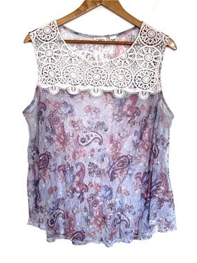Cato Plus Shirt Women’s Size 18/20W Purple Paisley Sheer Lace Sleeveless Top
